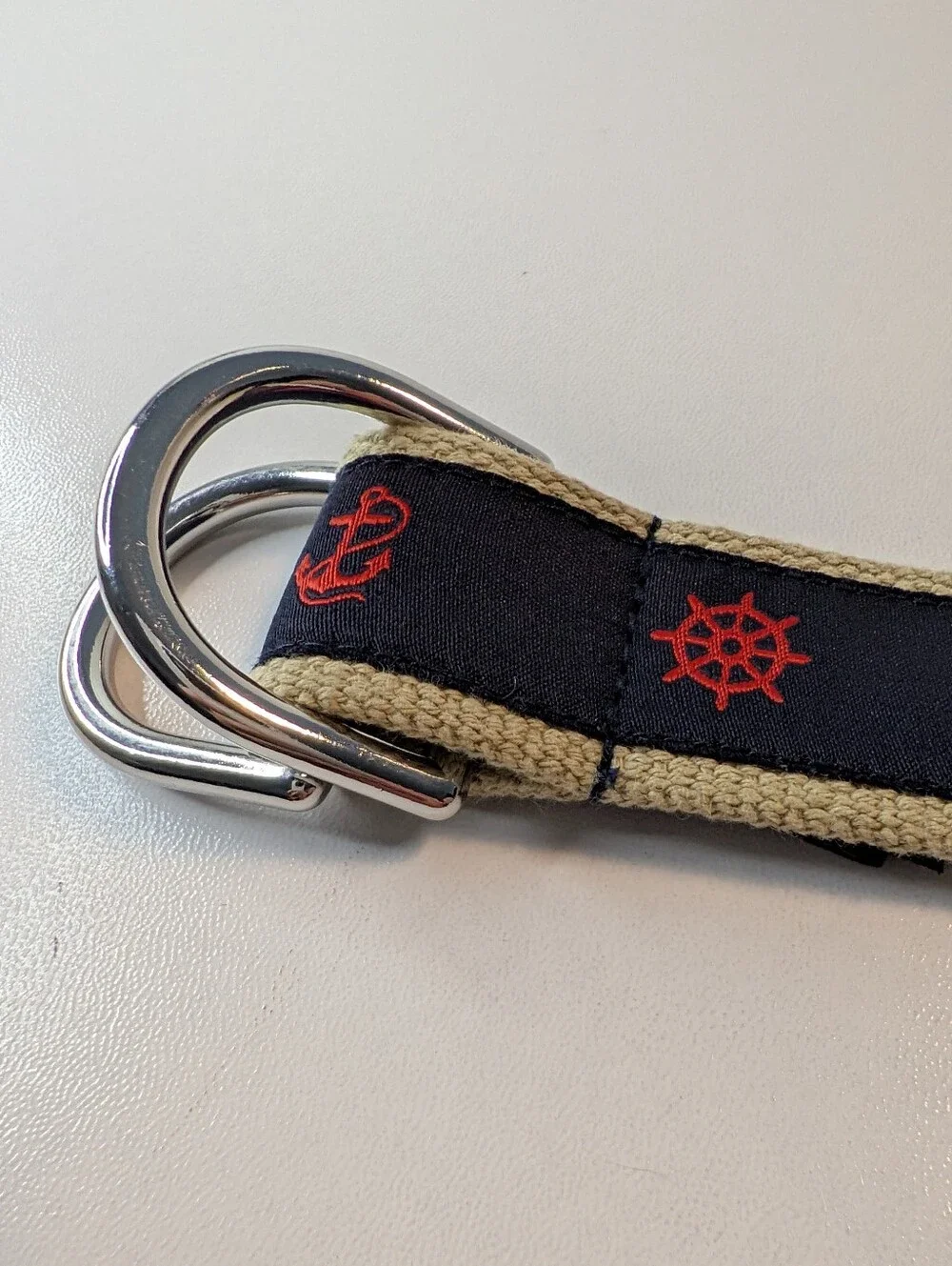 Nautical D-Ring Belt Navy Tan Anchor Ship Wheel Preppy Medium